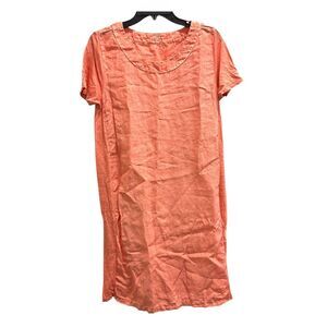 120% Lino Womens Linen Round Neck Short Sleeves Shirt Dress Lagenlook Coral 44/M